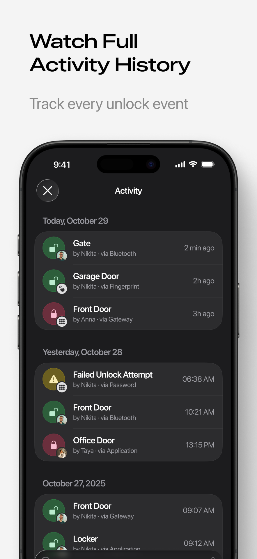 Smart Lukko access log showing who unlocked the door and when
